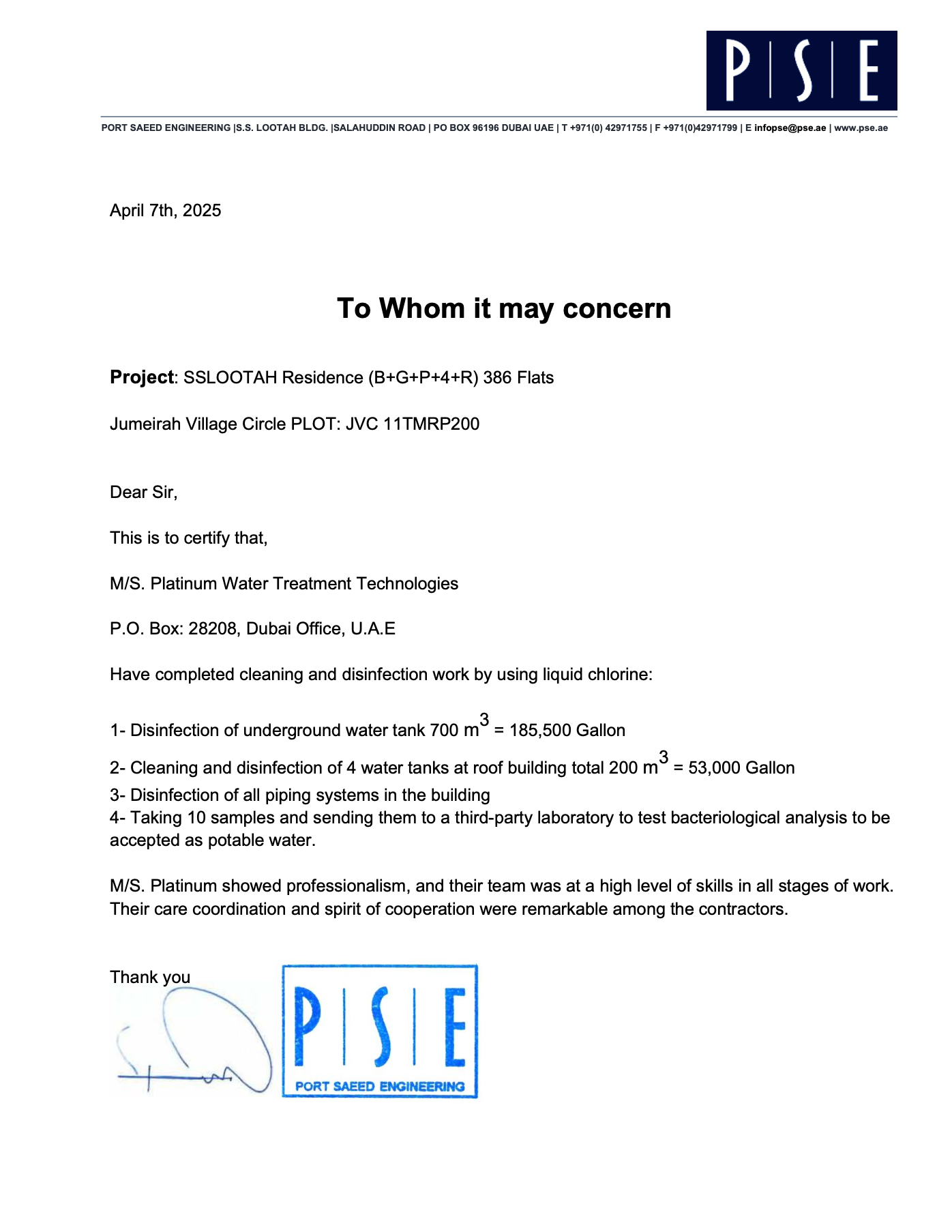 Certificate from PSIE